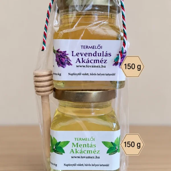 Ízesített méz ajándékcsomag csurgatóval – 2 × 150 g