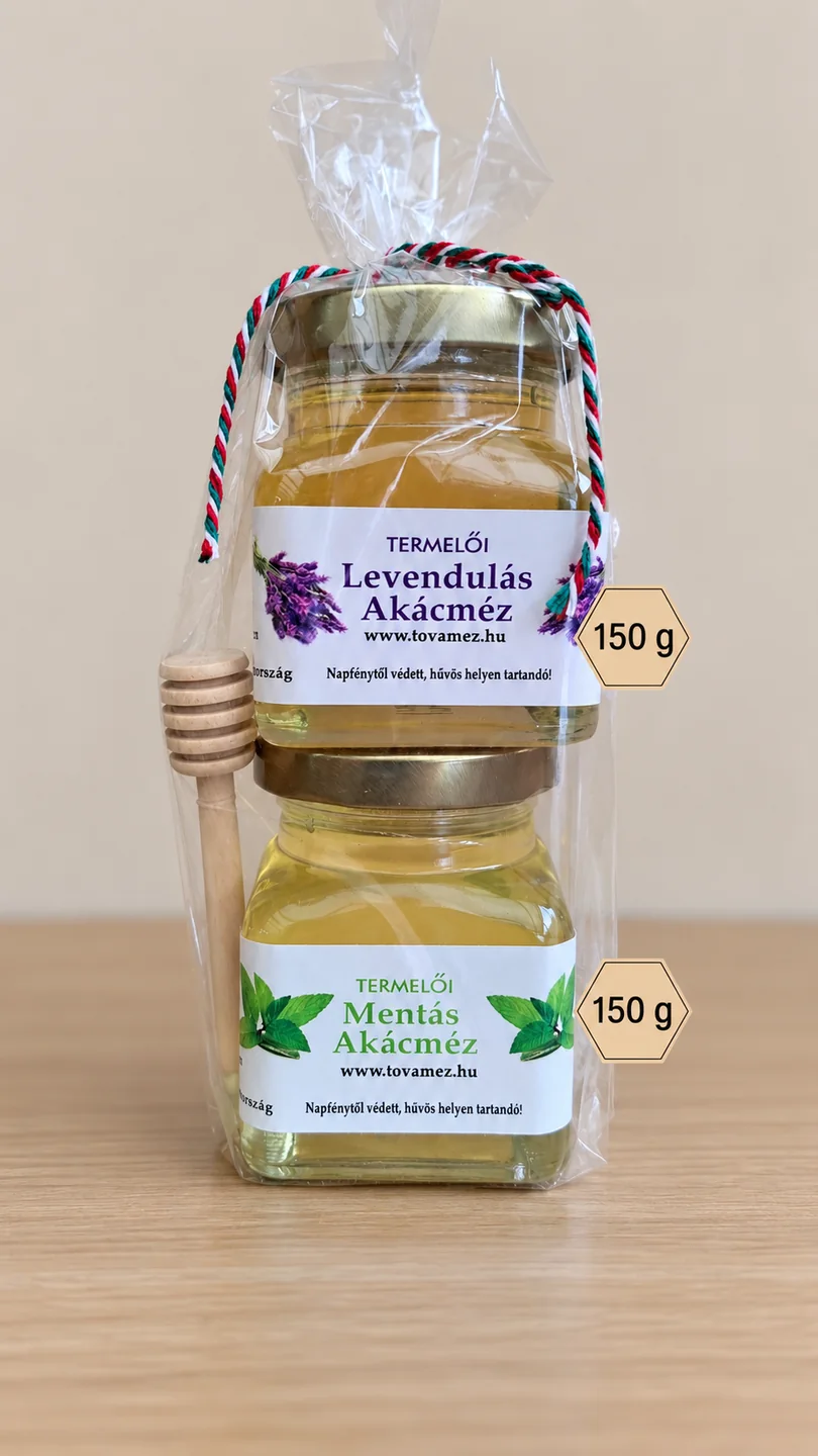 Ízesített méz ajándékcsomag csurgatóval – 2 × 150 g