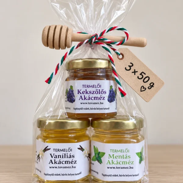 Ízesített méz ajándékcsomag csurgatóval – 3 × 50 g