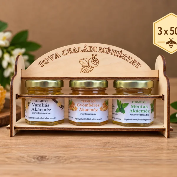 Ízesített méz ajándékcsomag fa tartóban – 3 × 50 g