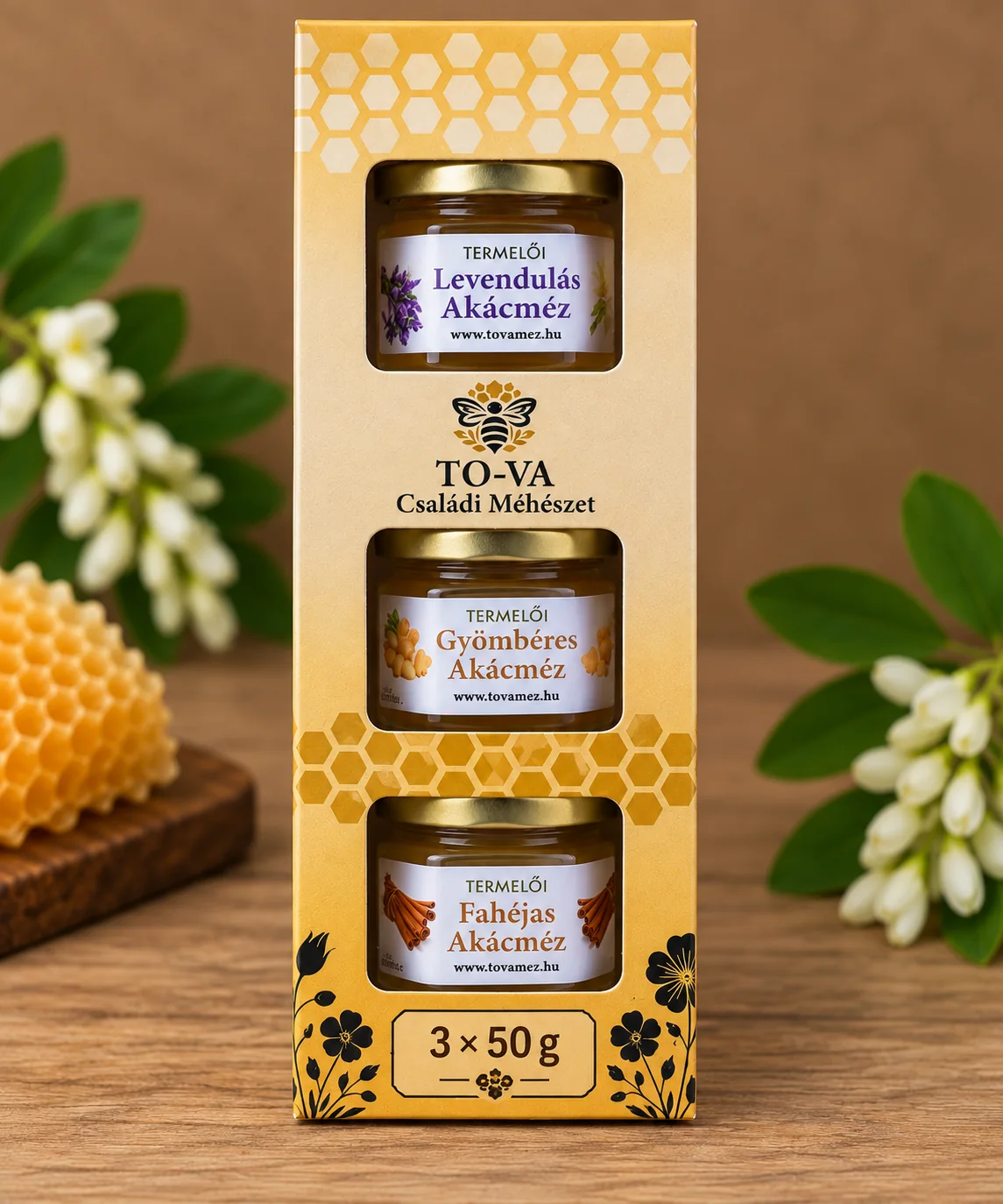 Ízesített méz ajándékcsomag papírdobozban – 3 × 50 g