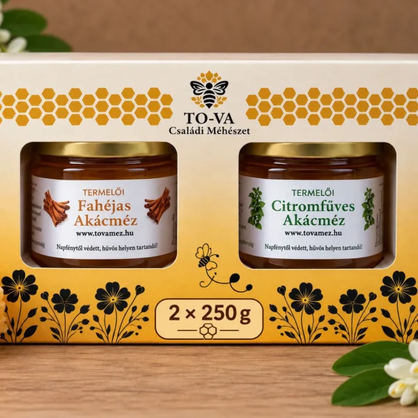 Ízesített méz ajándékcsomag papírdobozban – 2 × 250 g