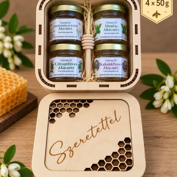 Ízesített méz ajándékcsomag fa díszdobozban – 4 × 50 g